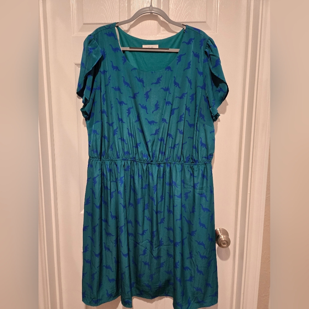 Modcloth Peach Love California Teal Dress with Blue Dinosaur Print